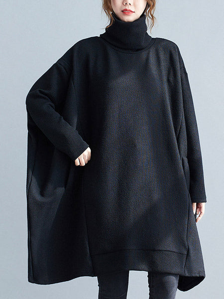 Casual Loose Black Heaps Collar Pockets A-line Long Sleeve Sweater AN1065 Genistyle Shop
