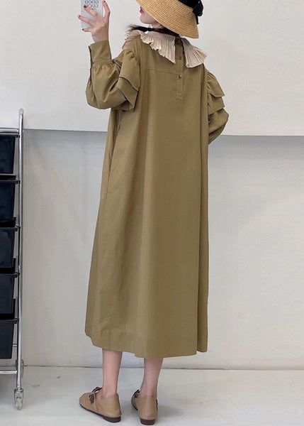 Loose Khaki Ruffled Tie Waist Cotton Dress Long Sleeve NN041 shopify