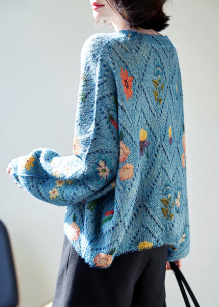 Floral Blue O-Neck Hollow Out Knit Sweaters Fall QC032 shopify