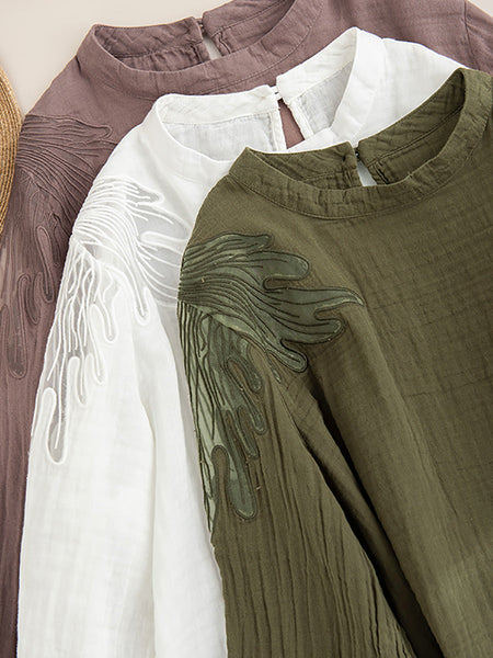 Women Autumn Artsy Embroidery Stand Collar Cotton Blouse AI1076 ZMMM