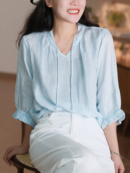 Women Summer Solid Ruffle-Sleeve Ramie Thin Shirt WE1026 Ada Fashion