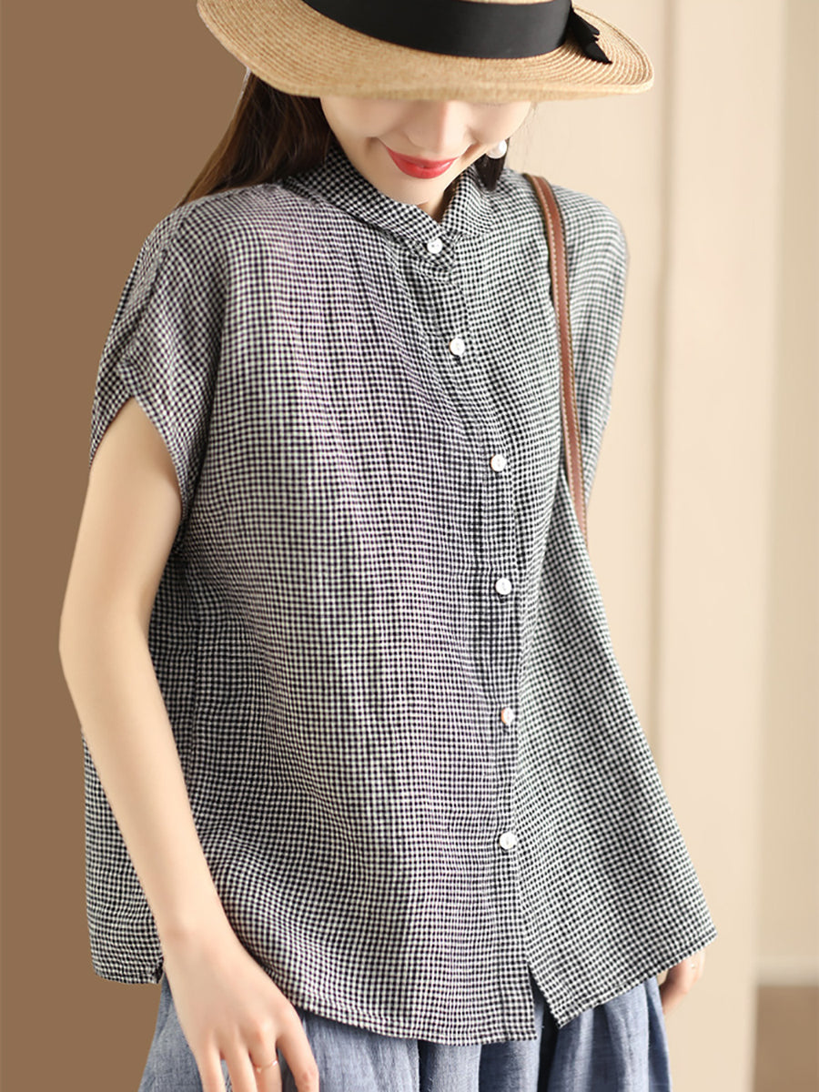 Plus Size Women Vintage Solid 100%Linen Button-up Shirt WE1048 Ada Fashion