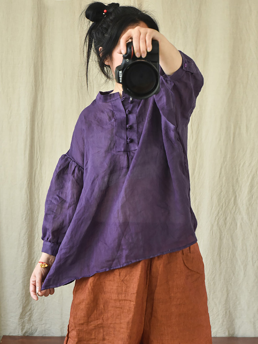 Women Vintage Solid 100%Ramie Summer Loose Shirt AS1047 QYMM