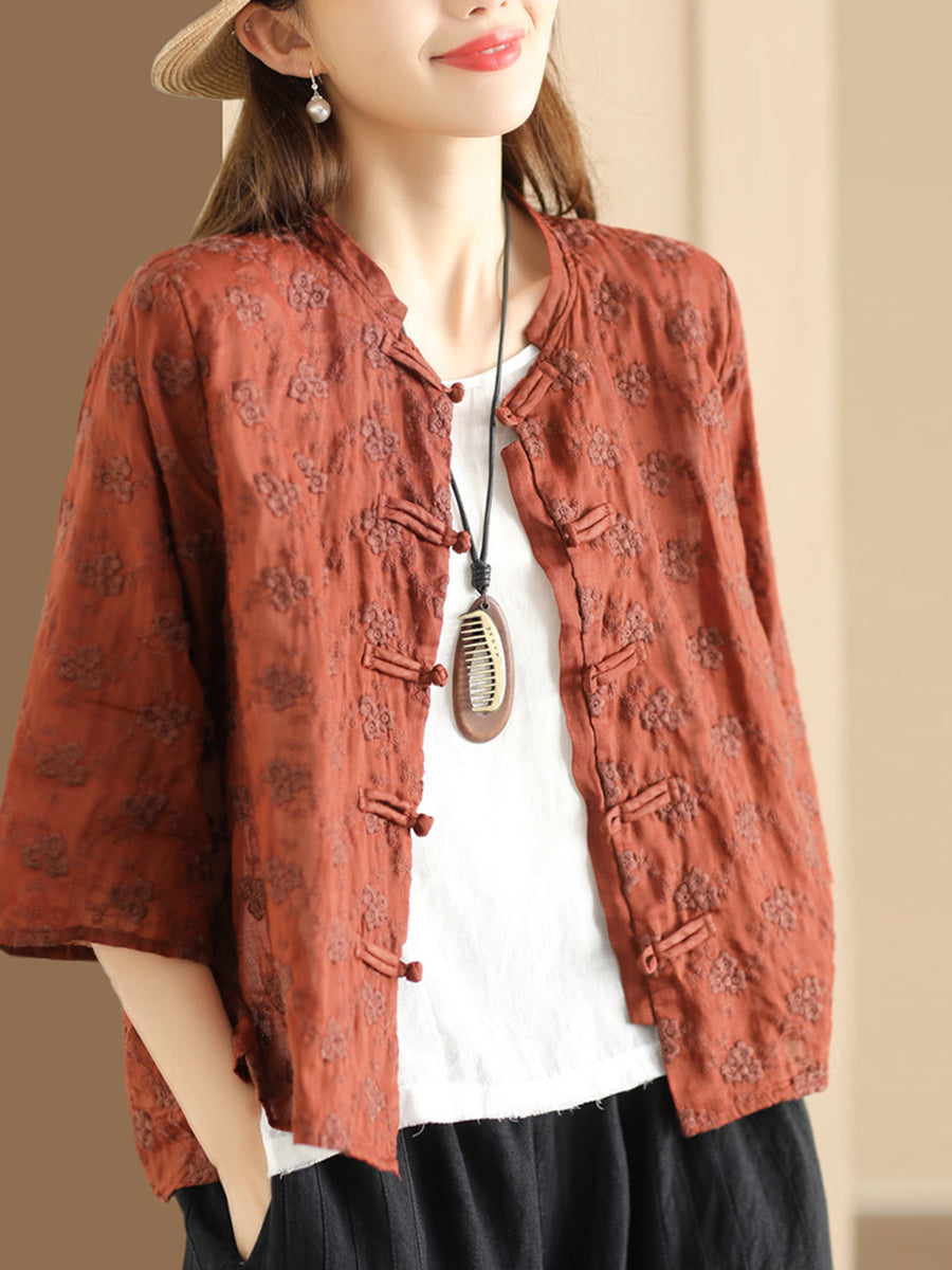 Women Ethnic Flower Jacquard Button-up Ramie Blouse SC1023 Ada Fashion