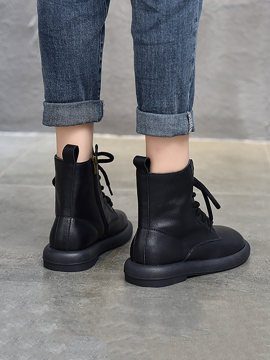 Women Genuine Leather Soft Zipper Mid Heel Martin Boots QU022 TZTJ
