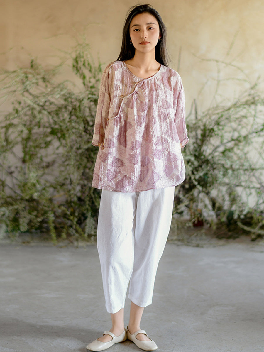 Women Summer Vintage Print O-Neck Button Loose Shirt II1009 BUYKUD