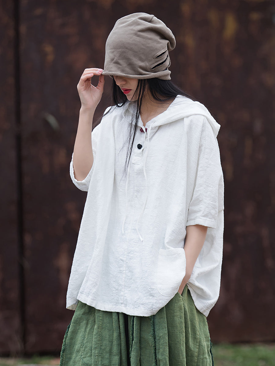 Women Summer Retro Solid Loose Hooded Ramie Shirt CC045 BXF