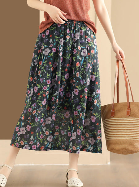 Women Artsy Summer Flower Ramie A-shape Skirt CO1025 Ada Fashion