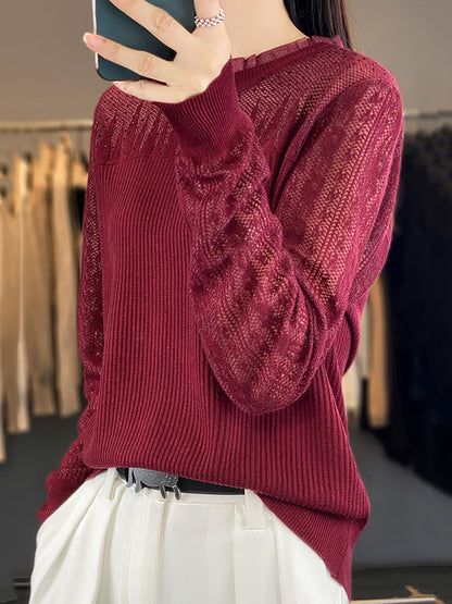 Women Autumn Solid Lace Knit Sweater QM030 BK