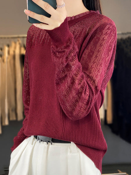 Women Autumn Solid Lace Knit Sweater QM030 BK
