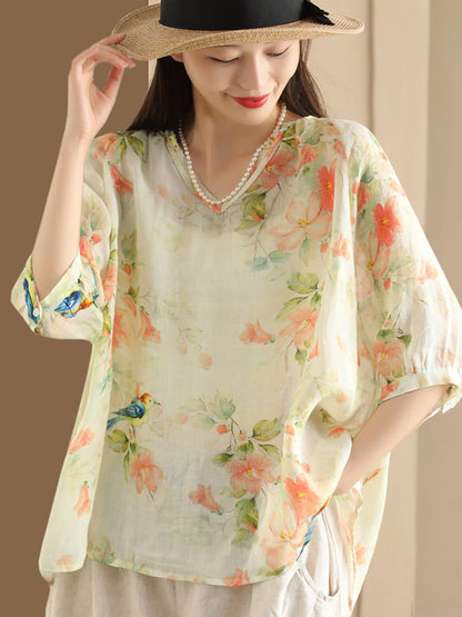 Women Summer Flower V-Neck Ramie Loose Shirt OO1035 ZMMM