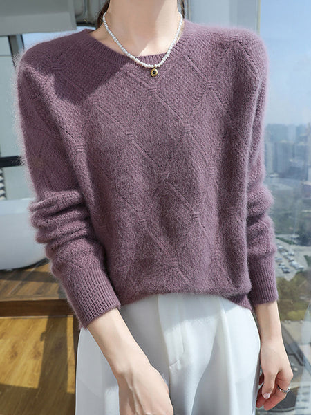 Women Autumn O-Neck Solid Rhomboids Wool Warm Knit Sweater AV1010 Genistyle Shop