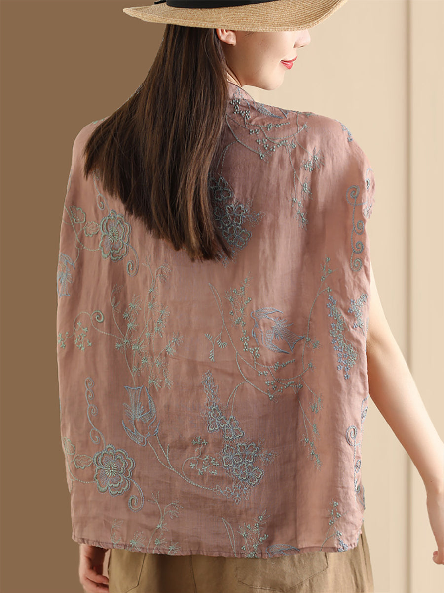 Women Summer Vintage Flower Embroidery Button Ramie Shirt OO1048 ZMMM