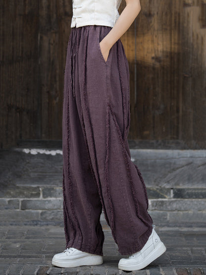 Women Ethnic Solid Raw-edge Wide-leg Ramie Pants FD053 BXF