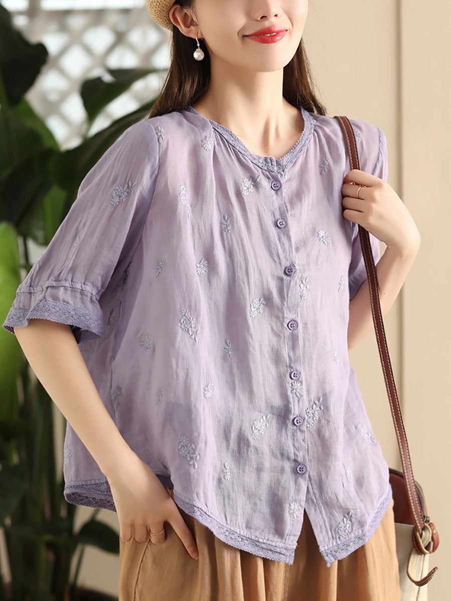 Women Summer Vintage Embroidery Button-up Ramie Shirt CX007 ZMMM