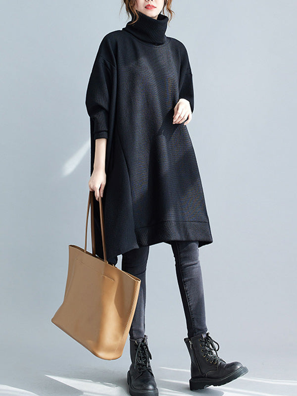 Casual Loose Black Heaps Collar Pockets A-line Long Sleeve Sweater AN1065 Genistyle Shop