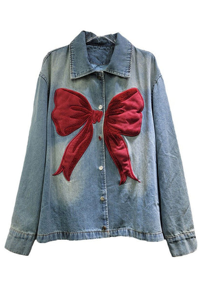 Denim Peter Pan Spring Coat New Button Collar Bow Blue FashionChic