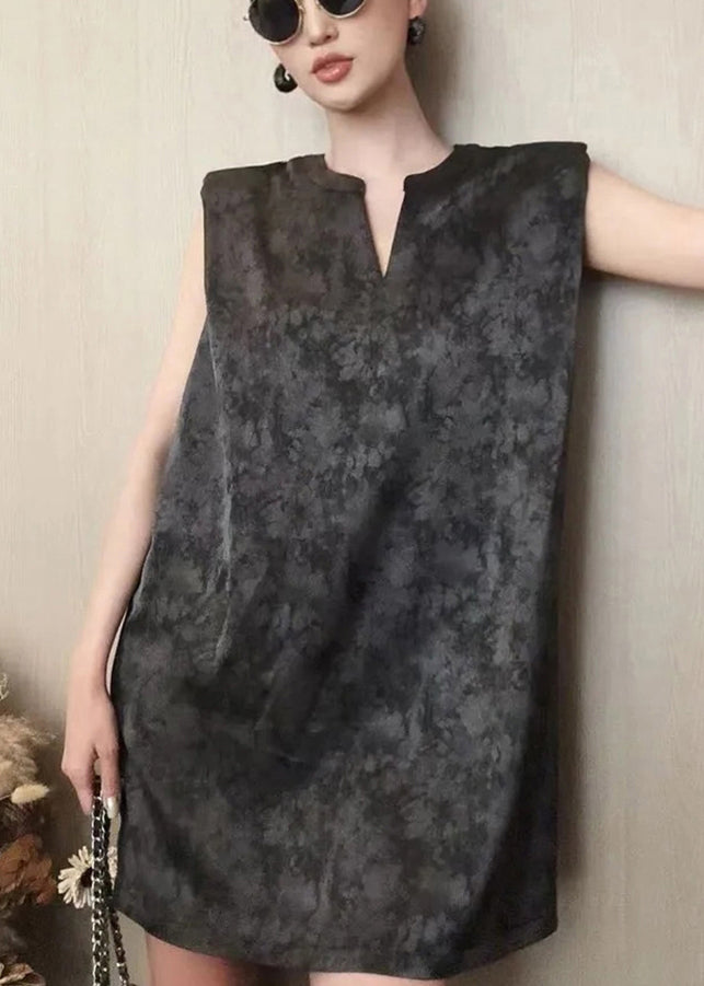 French Black V Neck Tie Dye Cotton Mid Dress Sleeveless QP003 OL-SDM241001