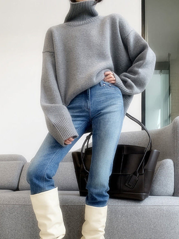 Casual Grey High-Neck Long Sleeve Sweater QX016 shopify