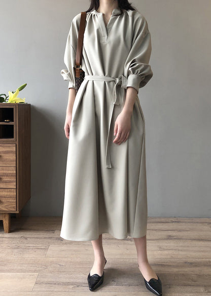 Elegant Apricot V Neck Tie Waist Cotton Long Dress Fall AF1069 HS-FDL240914