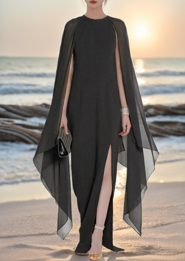 Fashion Black Asymmetrical Patchwork Cape Chiffon Dress Summer LY1963 Ada Fashion