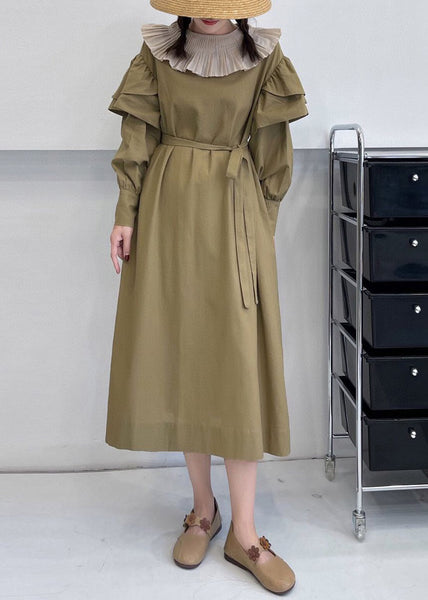 Loose Khaki Ruffled Tie Waist Cotton Dress Long Sleeve NN041 shopify