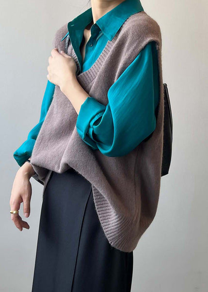 Simple Versatile Khaki V Neck Knit Vest Sleeveless AF1064 HS-VTP240914