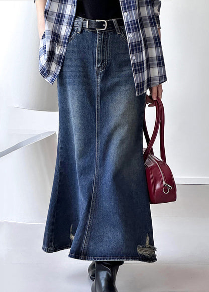 French Blue Hole High Waist Denim Maxi Skirts Fall AF1019 HS-SKTS240914