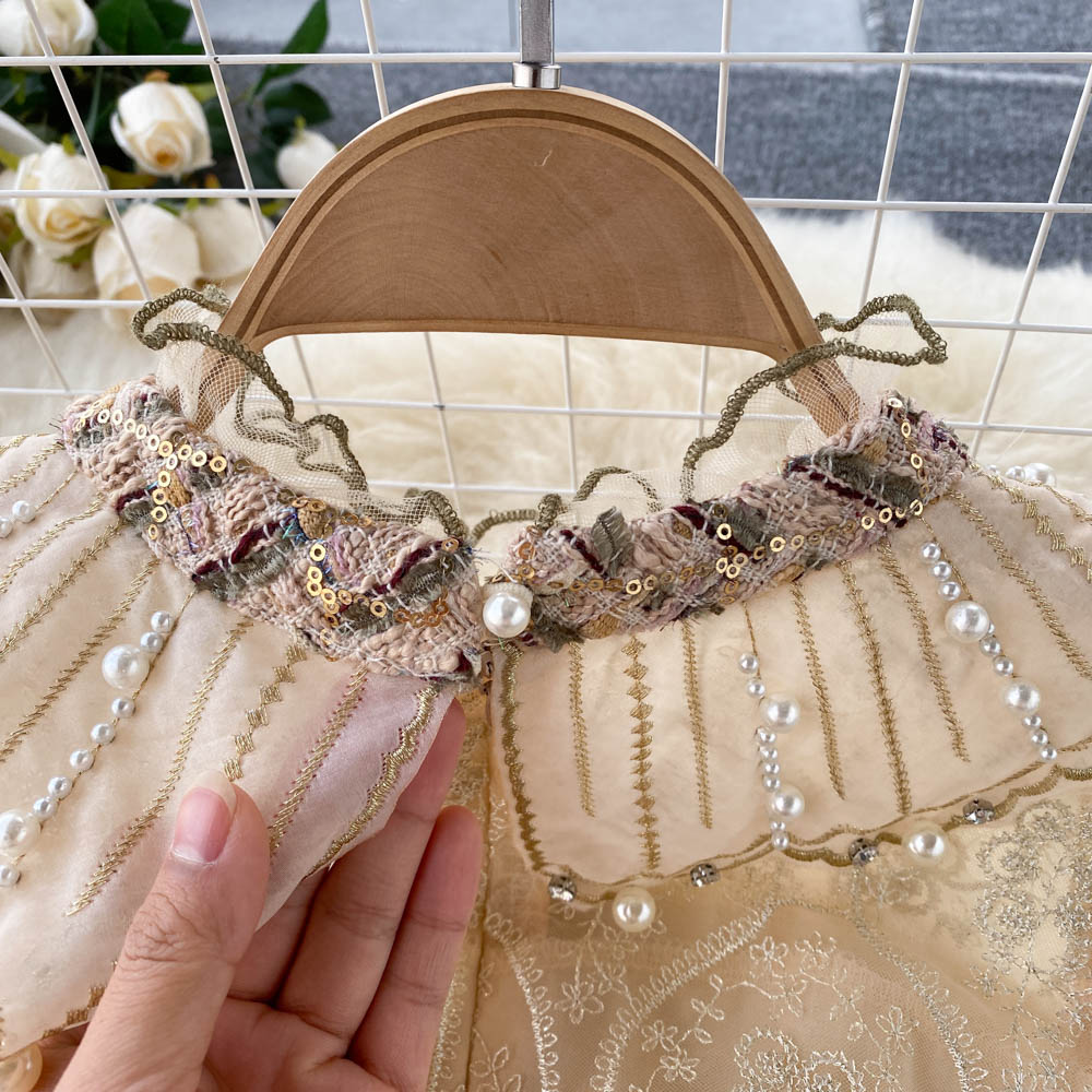 Elegant Khaki Stand Collar Embroidery Lace Long Sleeve Patchwork Sequins Tweed Dress AR1012 shopify