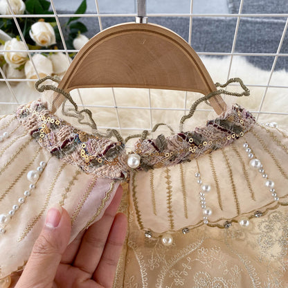 Elegant Khaki Stand Collar Embroidery Lace Long Sleeve Patchwork Sequins Tweed Dress AR1012 shopify