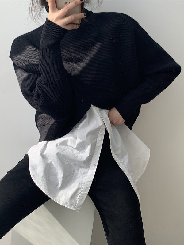 Urban White High-Neck Split-Front Long Sleeve Crop Sweater AN1034 Genistyle Shop