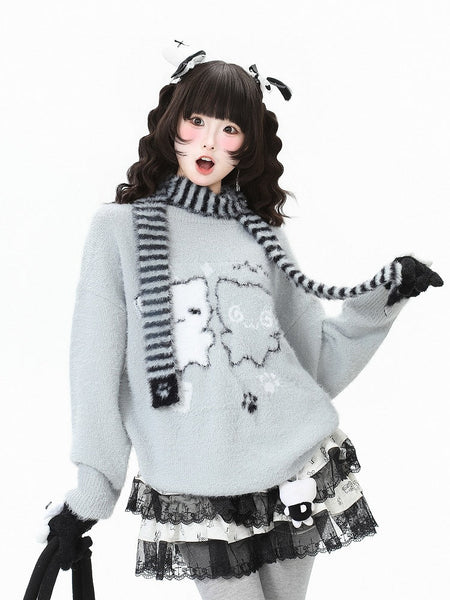 in with Pattern Grey/Black Scarf Cat Kawaii Striped Daily Sweater Set FashionChic