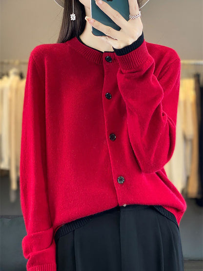 Women Autumn Colorblock Knit 100%Wool O-Neck Sweater QM006 BK