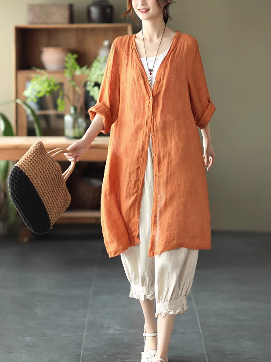 Women Summer Casual Solid Linen Button-up Long Shirt SC1033 Ada Fashion