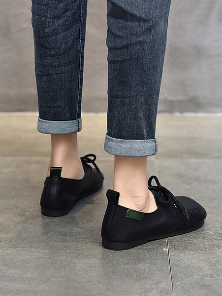 Women Summer Retro Solid Leather Square Toe Flat Shoes CX041 TZTJ
