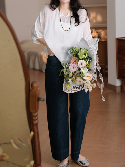 Plus Size Women Summer Embroidery Thin Ramie Shirt XX1030 Ada Fashion