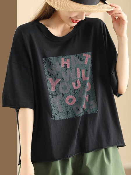 Women Summer Casual Print O-Neck Loose Cotton Shirt ZZ1054 Ada Fashion