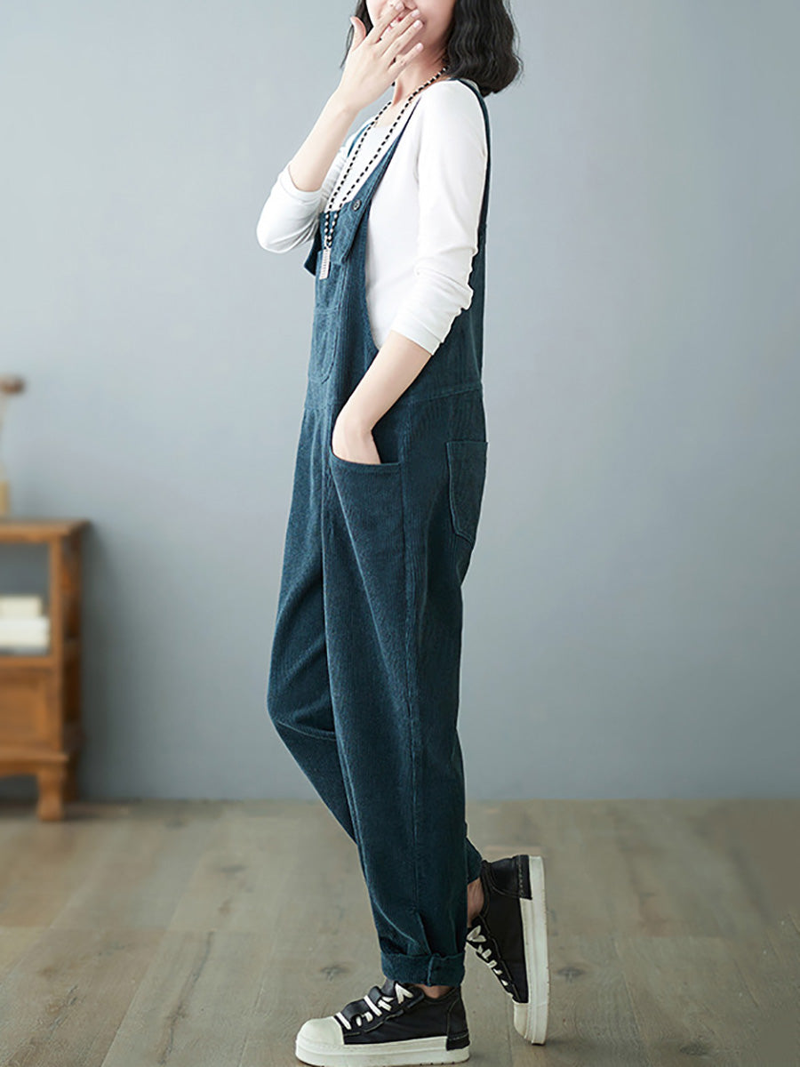 Women Casual Autumn Solid Corduroy Loose Jumpsuits AH1009 BUYKUD