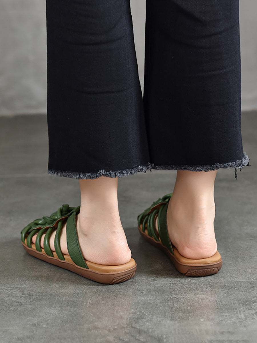 Women Summer Solid Leather Spliced Flat Slippers UI1025 Ada Fashion