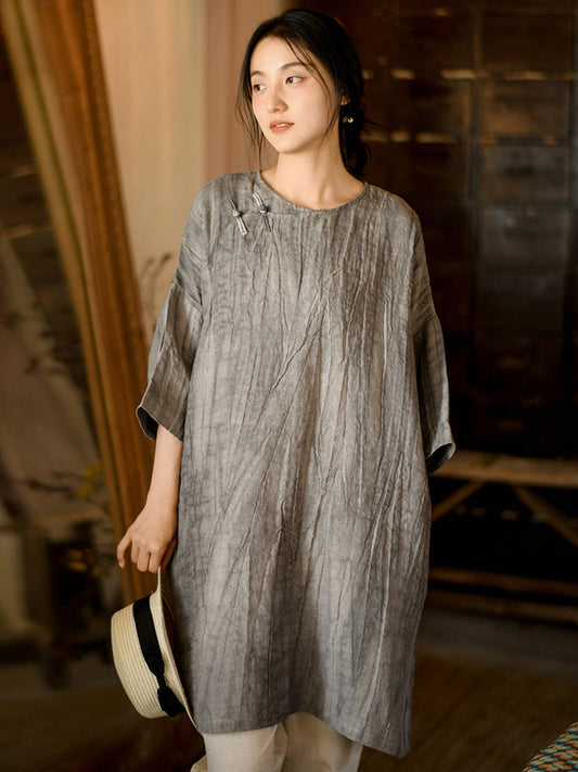 Women Summer Vintage Solid Loose Linen Short Dress II1008 BUYKUD