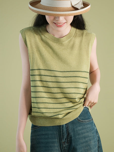 Women Summer Casual Stripe Knitted O-Neck Linen Vest CX004 BUYKUD