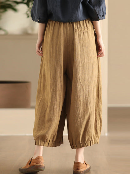 Women Summer Vintage Solid Linen Wide-leg Pants FD038 ZMMM