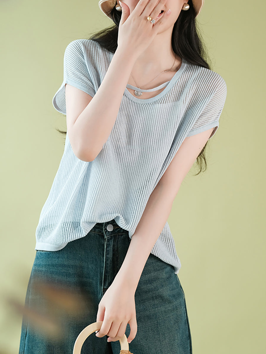 Women Summer Artsy O-Neck Solid Thin Shirt CX036 ZMMM