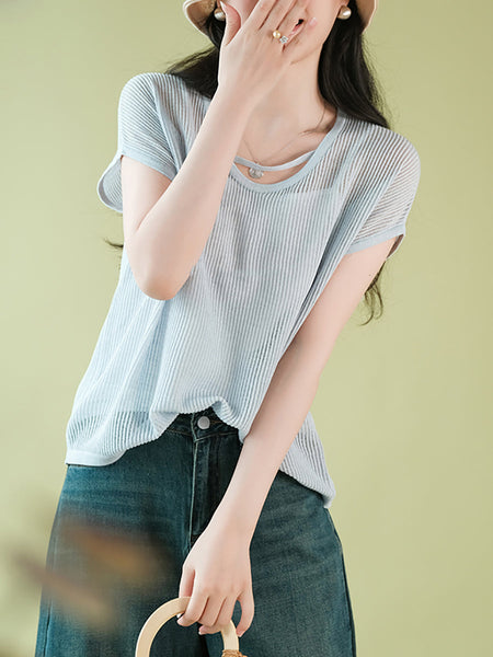 Women Summer Artsy O-Neck Solid Thin Shirt CX036 ZMMM