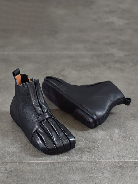 Women Soft Leather Shirred Square Toe Ankle Boots WG031 BUYKUD