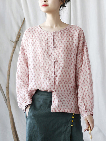 Women Vintage Floral Spring Ramie Button-up Shirt AA1004 Ada Fashion