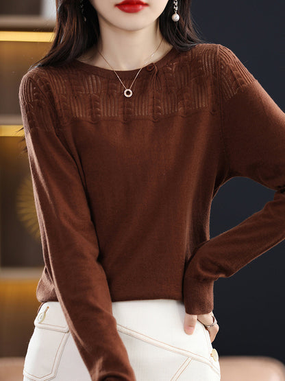 Women Autumn Solid Knit 100%Wool O-Neck Sweater QM019 BK
