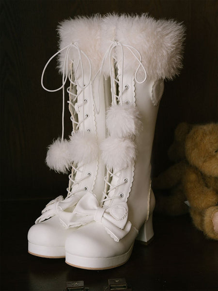 Top Boots Embellishments Lace+Zip System Bow - with Lolita Cuff Plush Knee-High White Sweet FashionChic