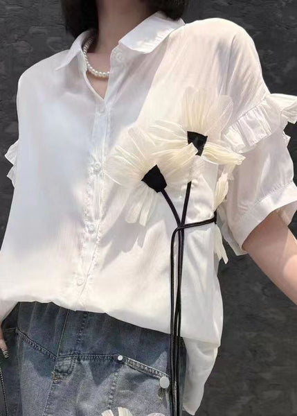 Modern White Peter Pan Collar Floral Shirts And Denim Skirts Two Pieces Set Short Sleeve AN1005 Genistyle Shop