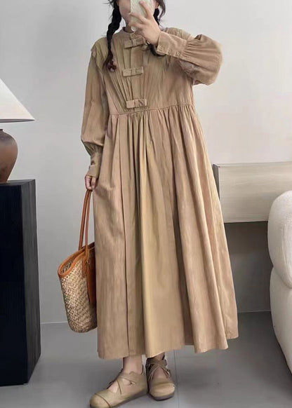 Khaki Pockets Solid Cotton Dresses Stand Collar Spring NN006 shopify
